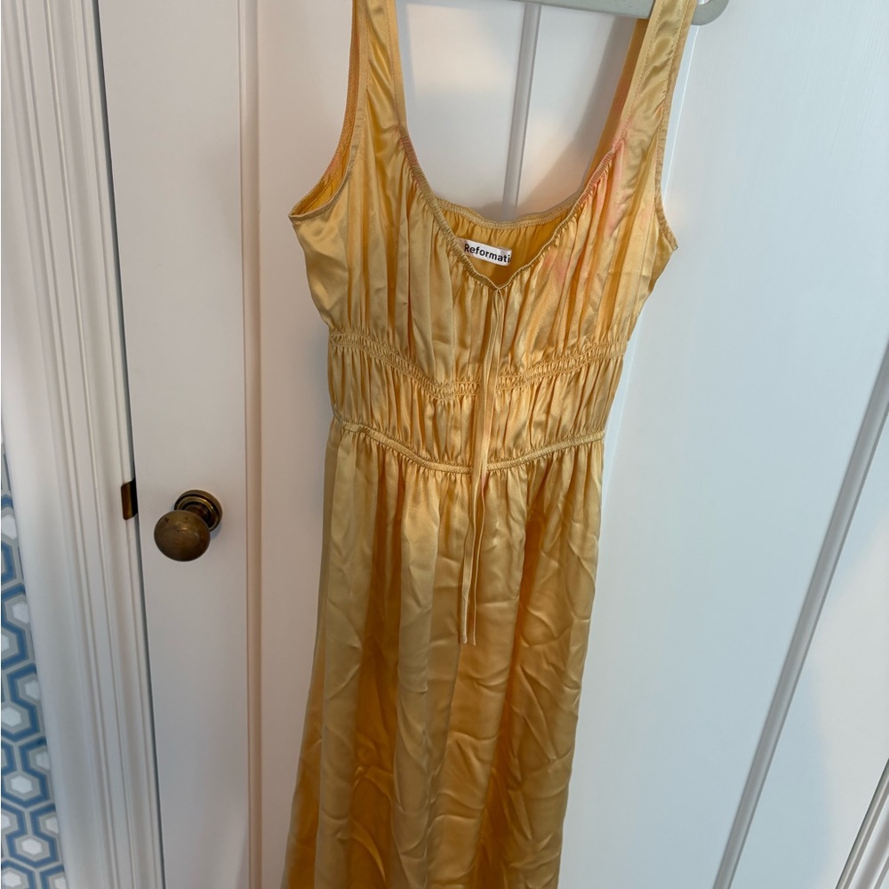 Reformation Gold Satin Dress (pink stain but I haven’t tried to get it out idk)